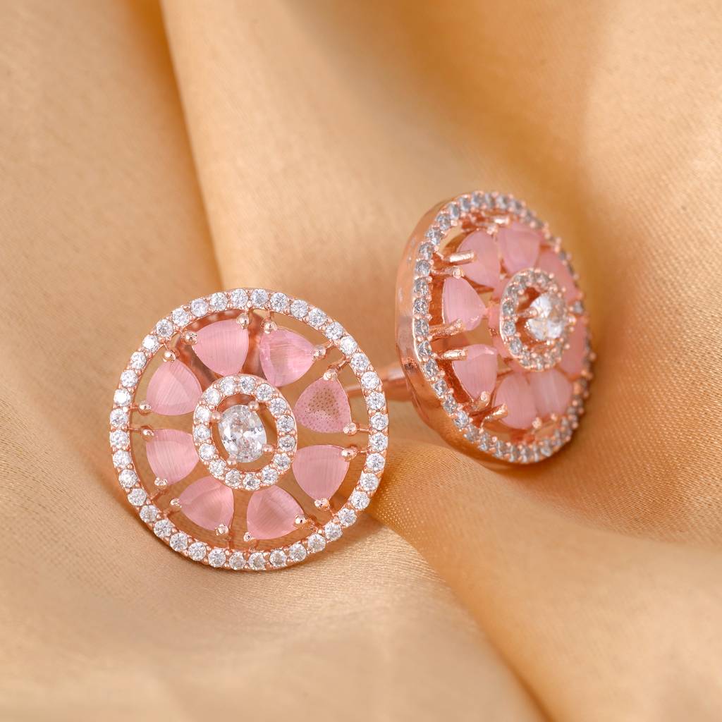 Elegant Pastel Pink Floral Studs Ad Encrusted Rose Gold Plated Small Earrings : SJER1122