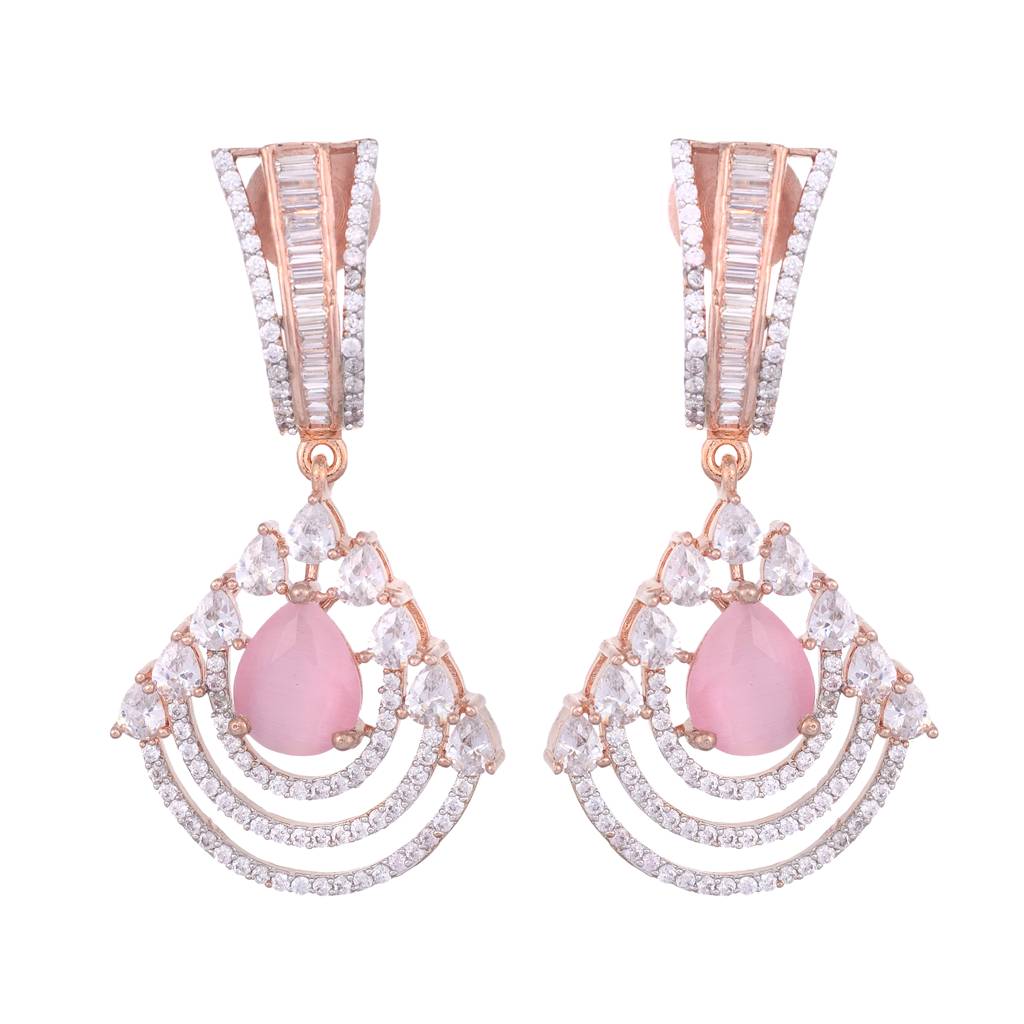 Modern Rose Quartz Danglers Pastel Pink Drop Earrings Ad Studded Rose Gold Plated : SJER1125