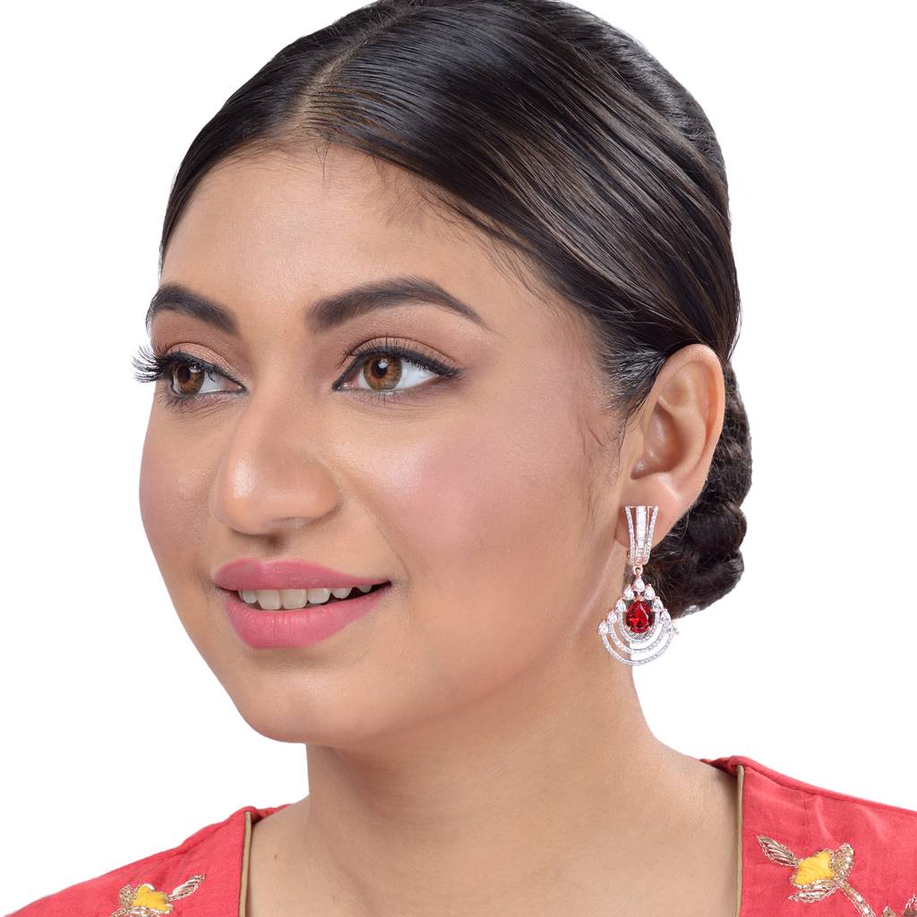 Modern Ruby Danglers Red Drop Earrings Ad Studded Rose Gold Plated : SJER1127