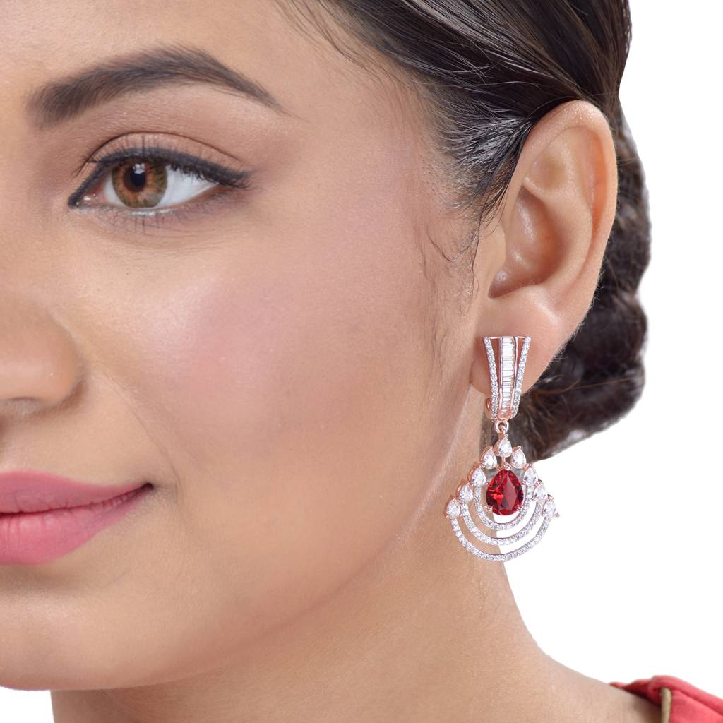 Modern Ruby Danglers Red Drop Earrings Ad Studded Rose Gold Plated : SJER1127