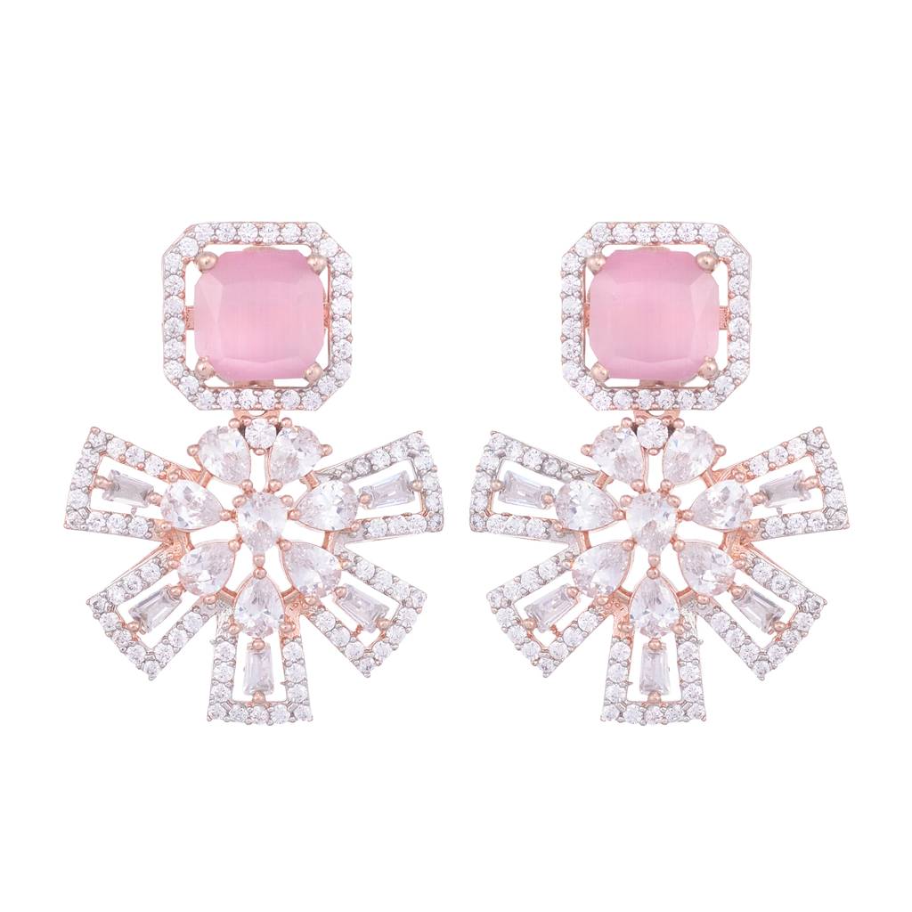 Exquisite Rose Quartz Floral Design Pink Earrings Rose Gold Plated American Diamond Studded : SJER1128