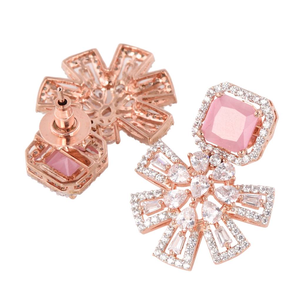 Exquisite Rose Quartz Floral Design Pink Earrings Rose Gold Plated American Diamond Studded : SJER1128