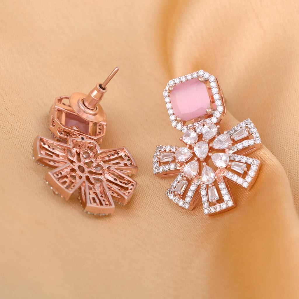 Exquisite Rose Quartz Floral Design Pink Earrings Rose Gold Plated American Diamond Studded : SJER1128