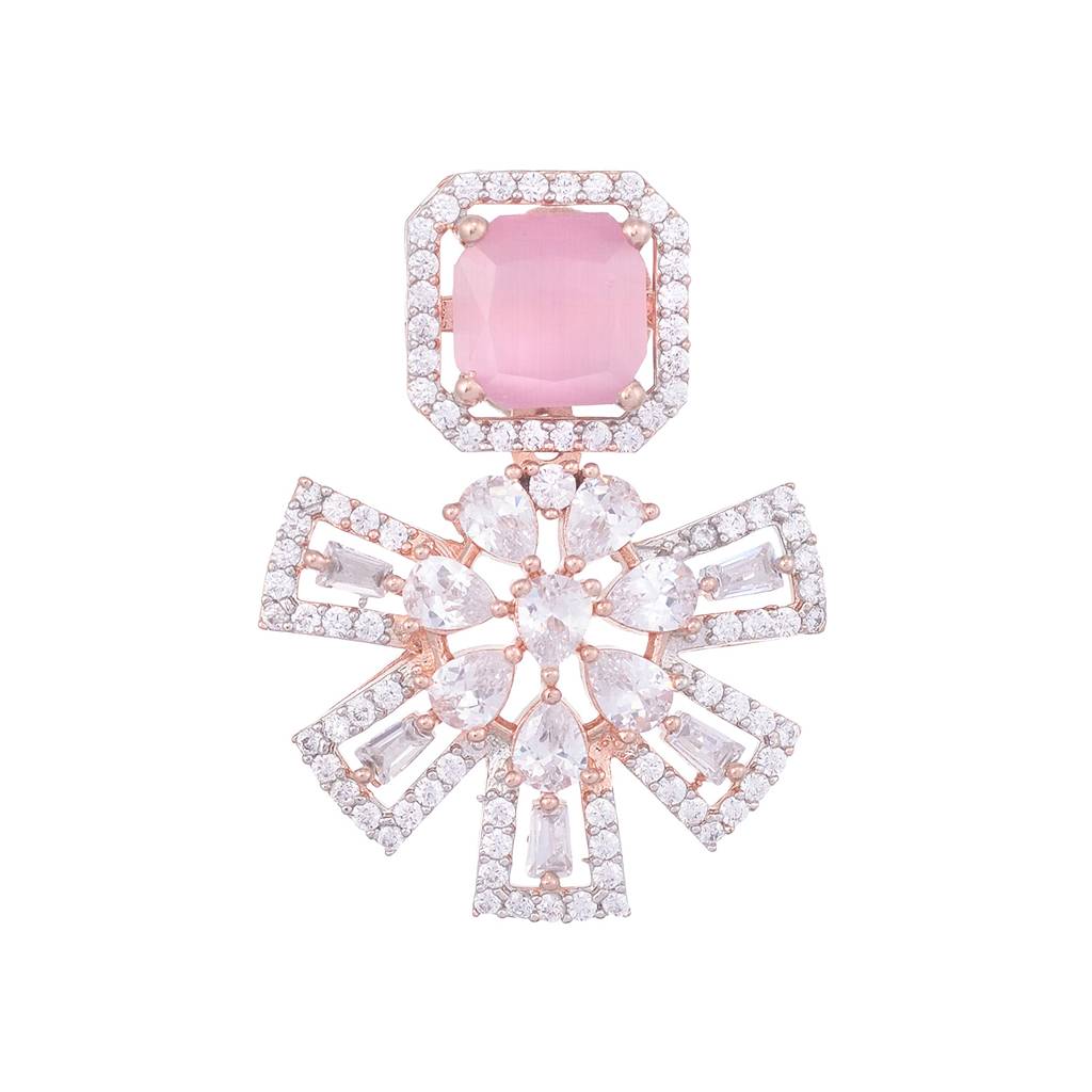 Exquisite Rose Quartz Floral Design Pink Earrings Rose Gold Plated American Diamond Studded : SJER1128