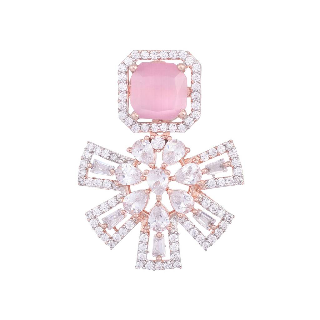 Exquisite Rose Quartz Floral Design Pink Earrings Rose Gold Plated American Diamond Studded : SJER1128