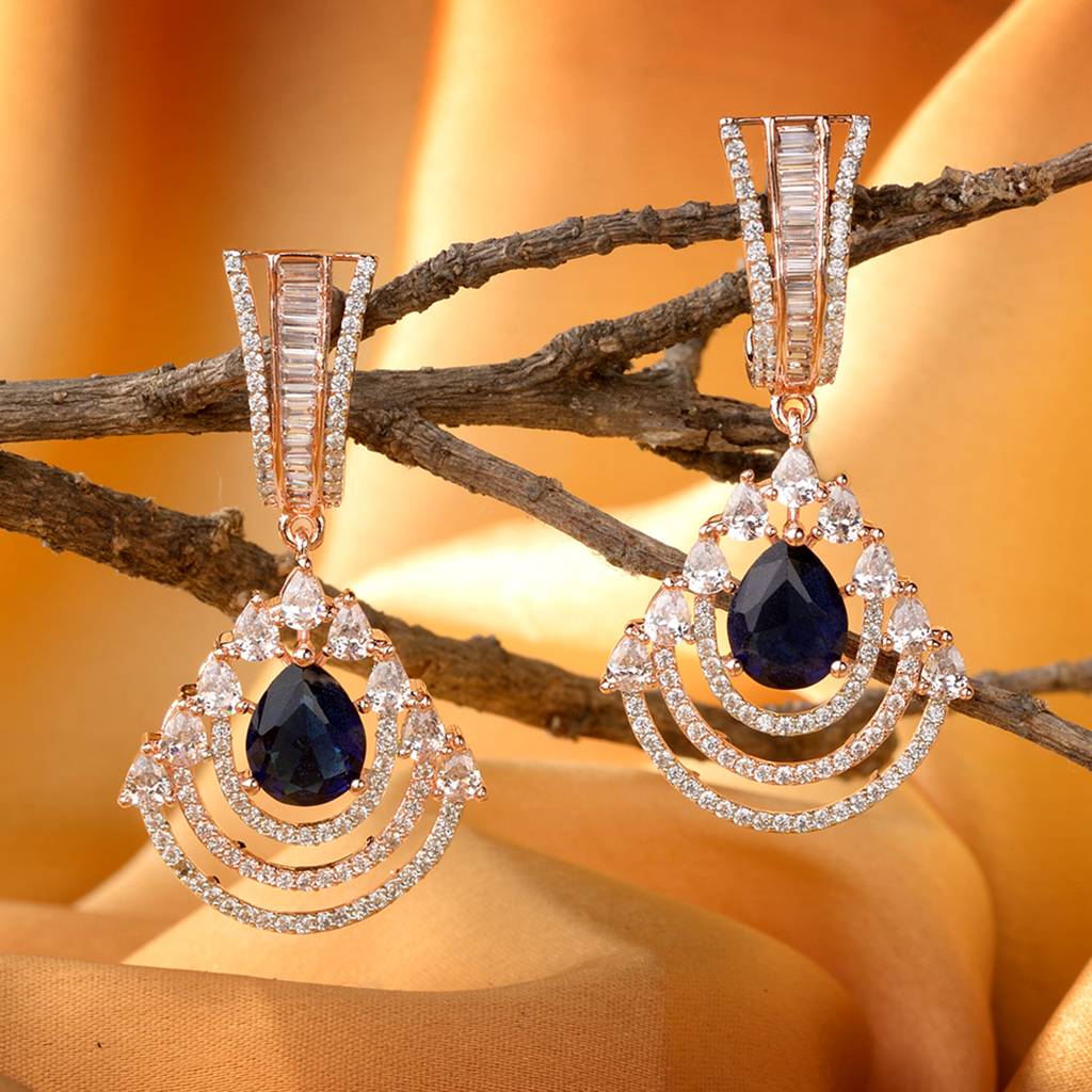 Modern Sapphire Danglers Blue Drop Earrings Ad Studded Rose Gold Plated : SJER1129