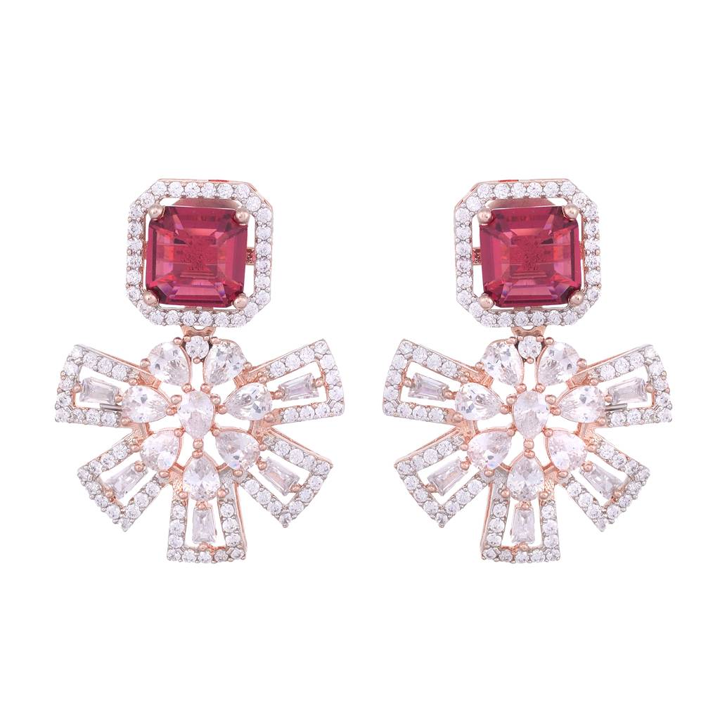 Exquisite Ruby Floral Design Red Earrings Rose Gold Plated American Diamond Studded : SJER1132