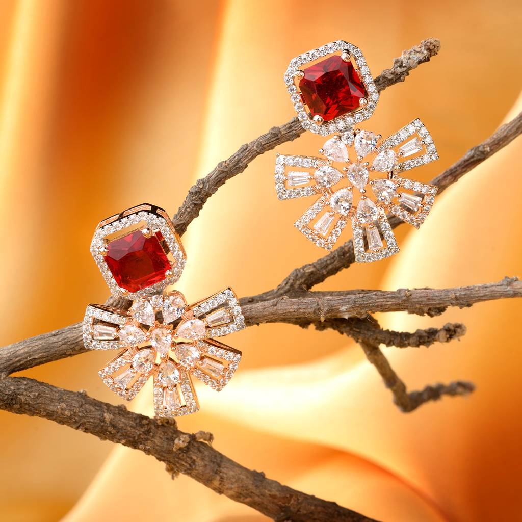 Exquisite Ruby Floral Design Red Earrings Rose Gold Plated American Diamond Studded : SJER1132