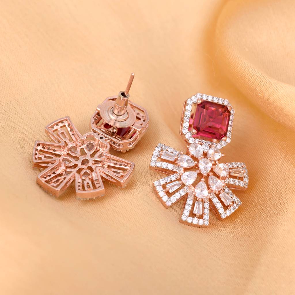 Exquisite Ruby Floral Design Red Earrings Rose Gold Plated American Diamond Studded : SJER1132