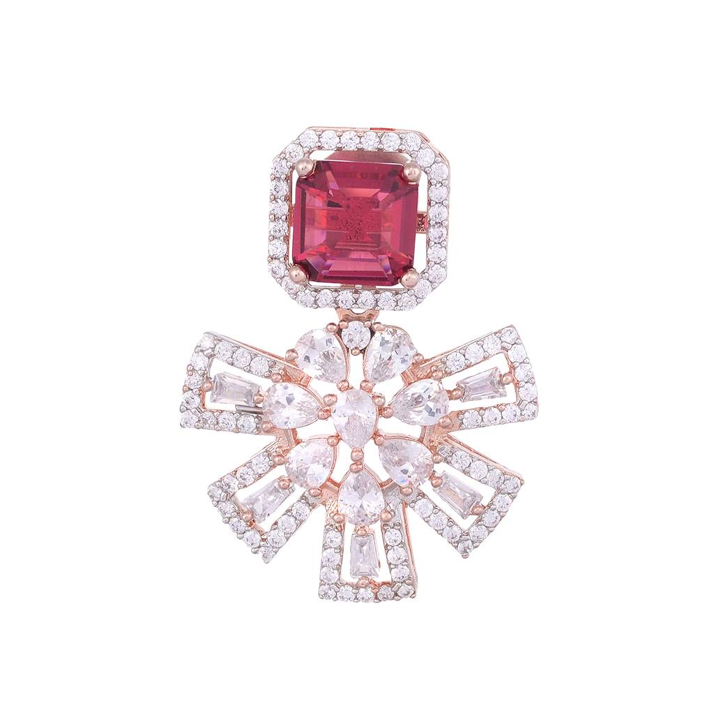 Exquisite Ruby Floral Design Red Earrings Rose Gold Plated American Diamond Studded : SJER1132