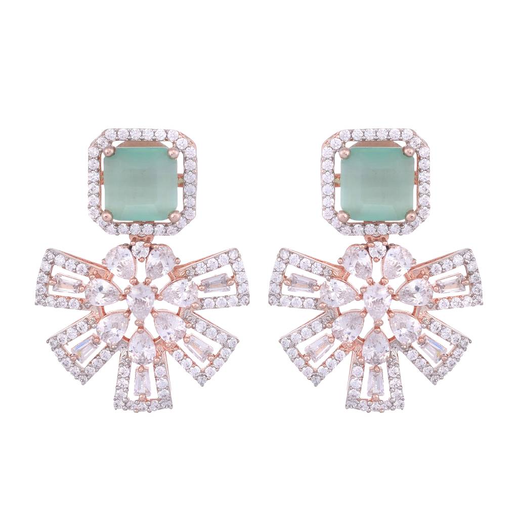 Exquisite Turquoise Floral Design Pastel Blue Earrings Rose Gold Plated American Diamond Studded : SJER1133