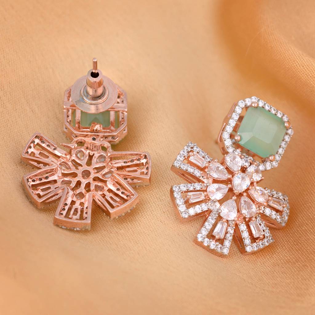 Exquisite Turquoise Floral Design Pastel Blue Earrings Rose Gold Plated American Diamond Studded : SJER1133