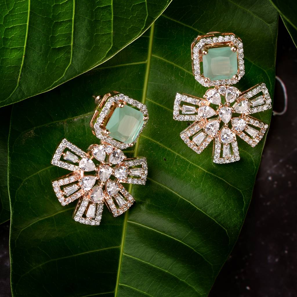 Exquisite Turquoise Floral Design Pastel Blue Earrings Rose Gold Plated American Diamond Studded : SJER1133