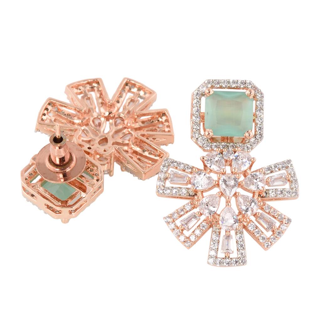 Exquisite Turquoise Floral Design Pastel Blue Earrings Rose Gold Plated American Diamond Studded : SJER1133
