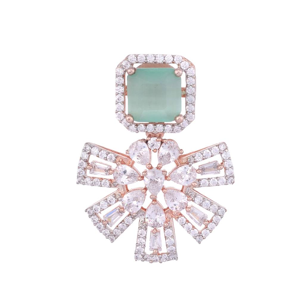 Exquisite Turquoise Floral Design Pastel Blue Earrings Rose Gold Plated American Diamond Studded : SJER1133