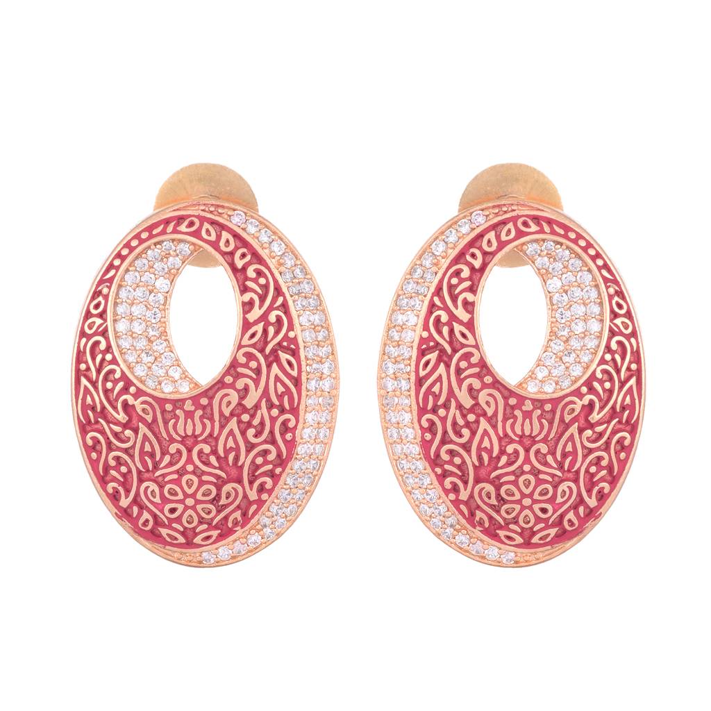 Oval Red Meenakari Small Earrings High Quality Enamelled Rose Gold Plated : SJER1134