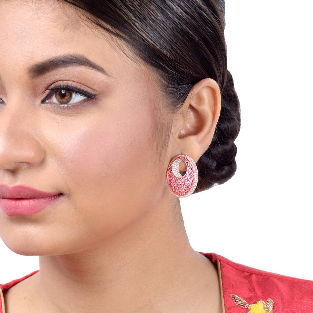 Oval Red Meenakari Small Earrings High Quality Enamelled Rose Gold Plated : SJER1134