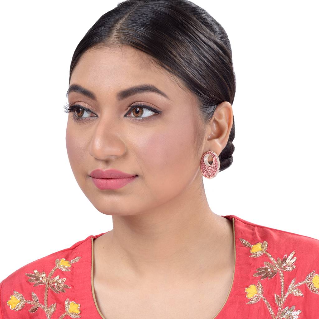 Oval Red Meenakari Small Earrings High Quality Enamelled Rose Gold Plated : SJER1134