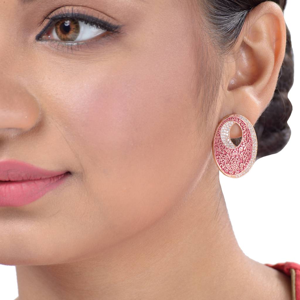 Oval Red Meenakari Small Earrings High Quality Enamelled Rose Gold Plated : SJER1134