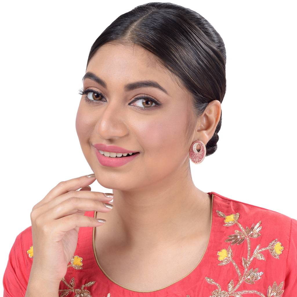 Oval Red Meenakari Small Earrings High Quality Enamelled Rose Gold Plated : SJER1134