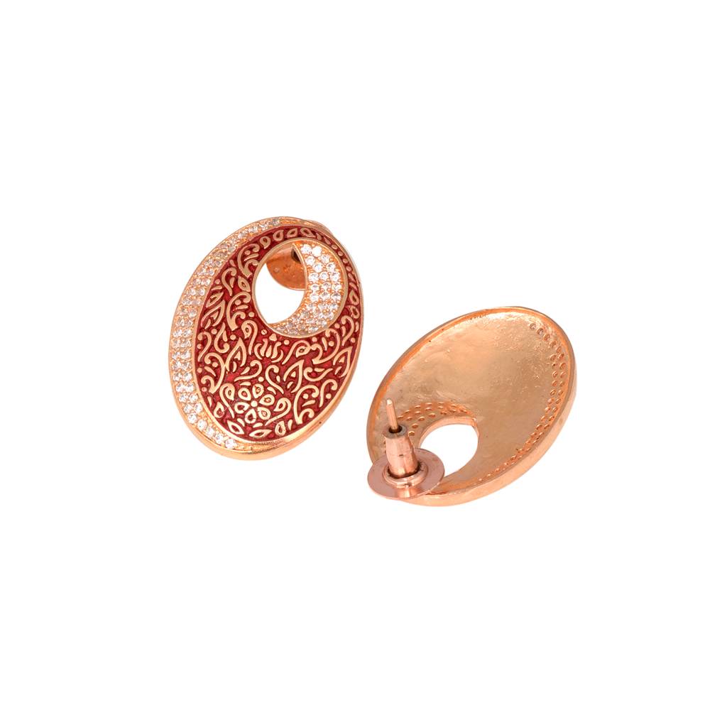 Oval Red Meenakari Small Earrings High Quality Enamelled Rose Gold Plated : SJER1134