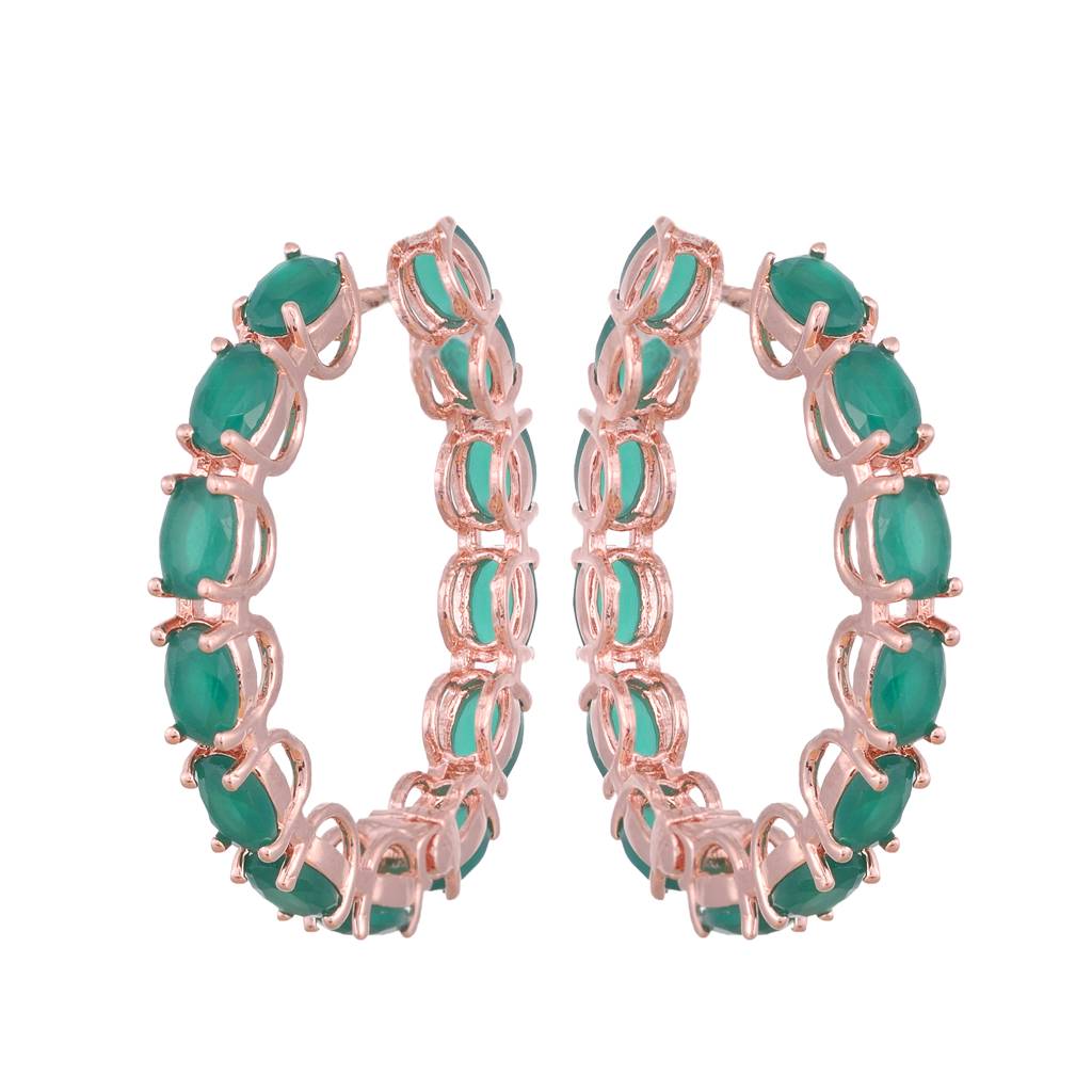 Emerald Studded Hoops Rose Gold Plated Green Round Big Earrings : SJER1135