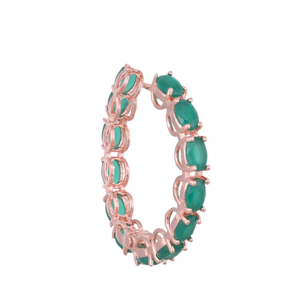 Emerald Studded Hoops Rose Gold Plated Green Round Big Earrings : SJER1135