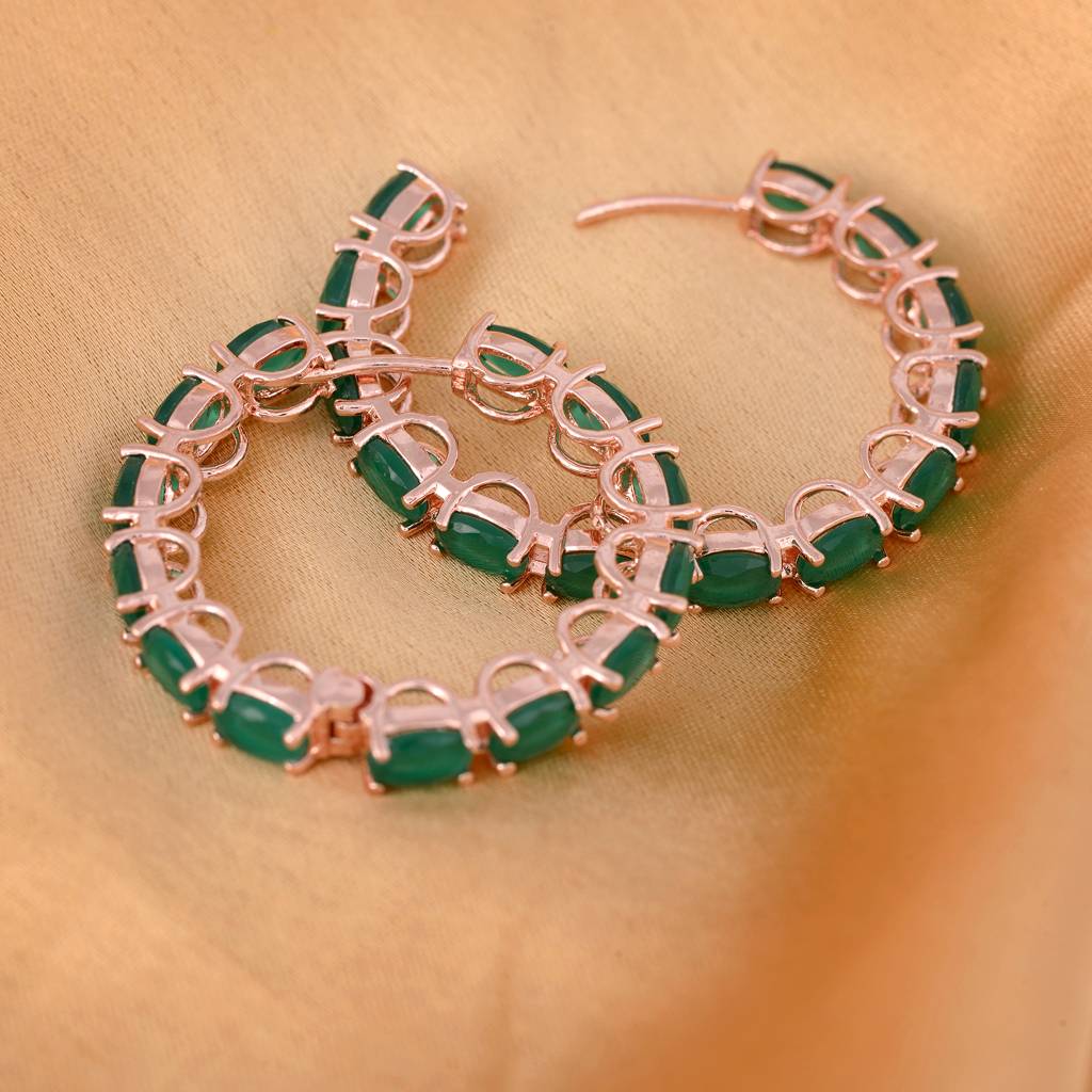 Emerald Studded Hoops Rose Gold Plated Green Round Big Earrings : SJER1135