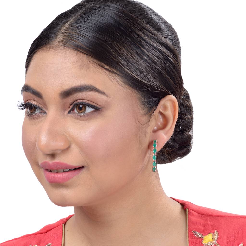 Emerald Studded Hoops Rose Gold Plated Green Round Big Earrings : SJER1135