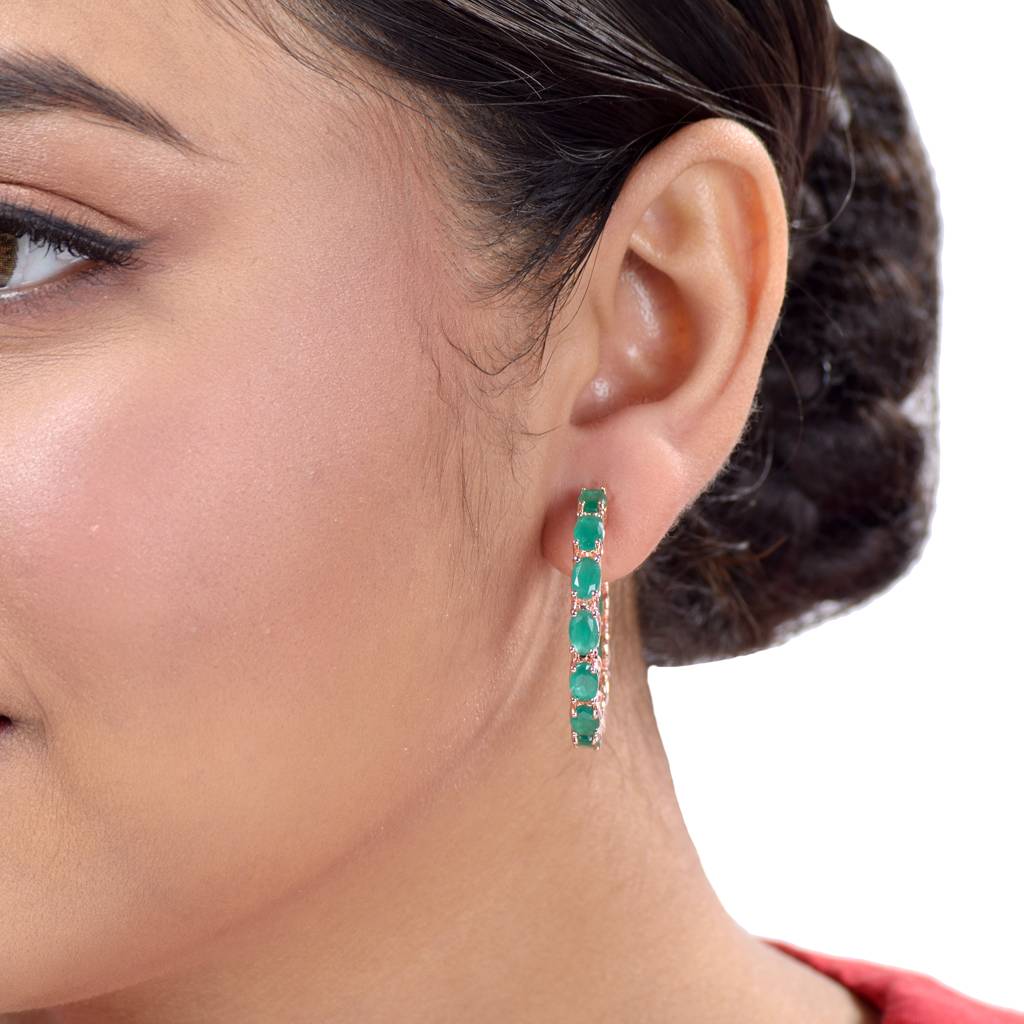 Emerald Studded Hoops Rose Gold Plated Green Round Big Earrings : SJER1135
