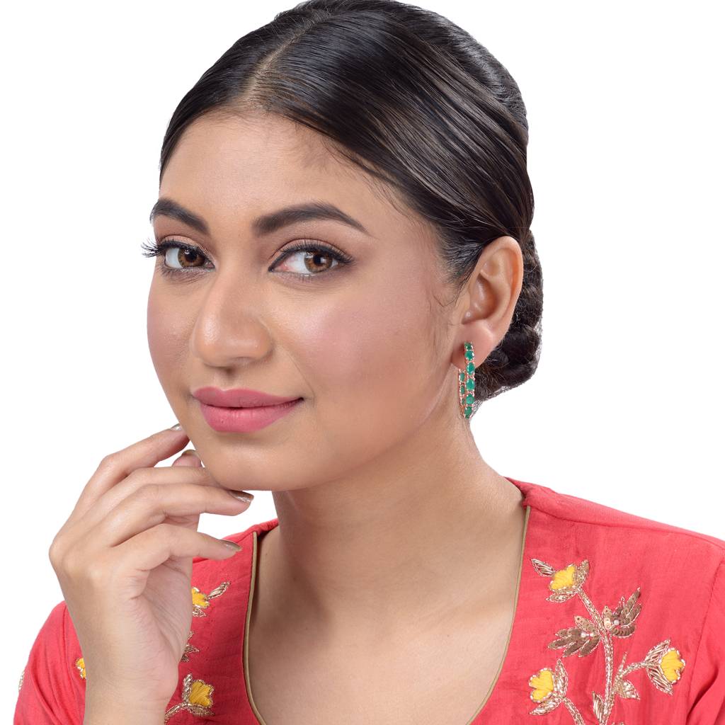 Emerald Studded Hoops Rose Gold Plated Green Round Big Earrings : SJER1135