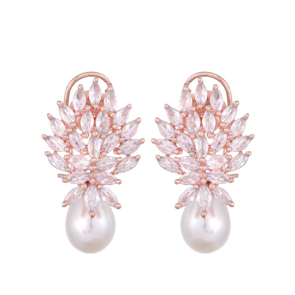 Luxurious Diamond Pearl Drop Earring High Quality White Pearl Ad Studded : SJER1136