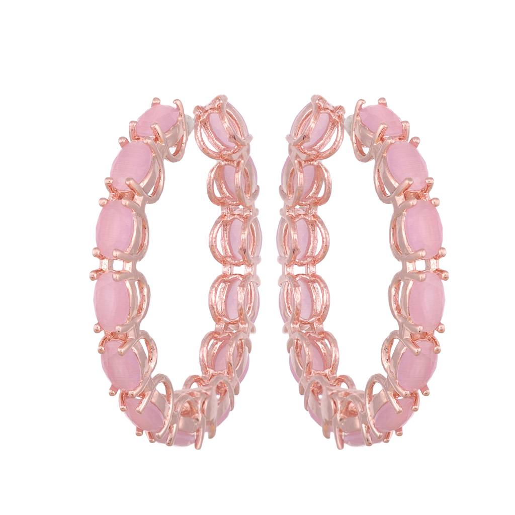Rose Quartz Studded Hoops Rose Gold Plated Pastel Baby Pink Round Big Earrings : SJER1137