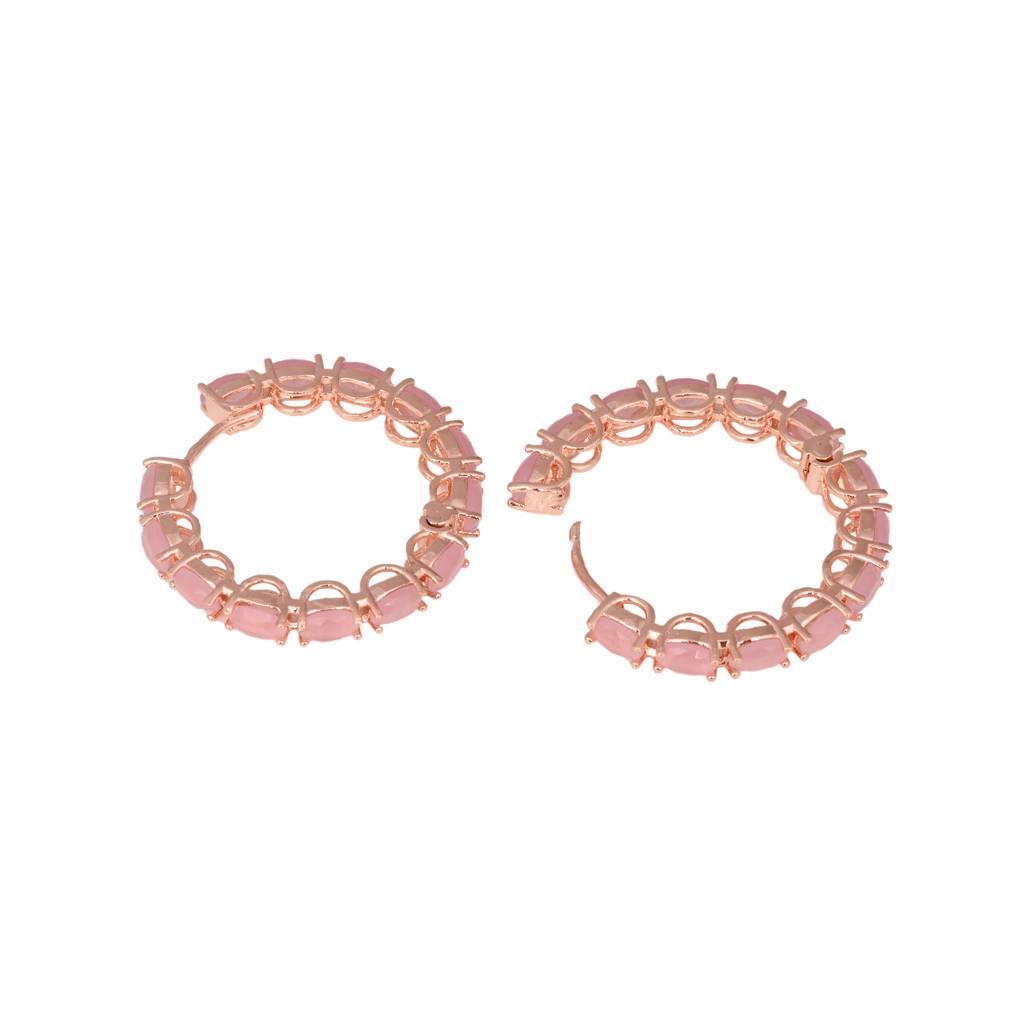 Rose Quartz Studded Hoops Rose Gold Plated Pastel Baby Pink Round Big Earrings : SJER1137
