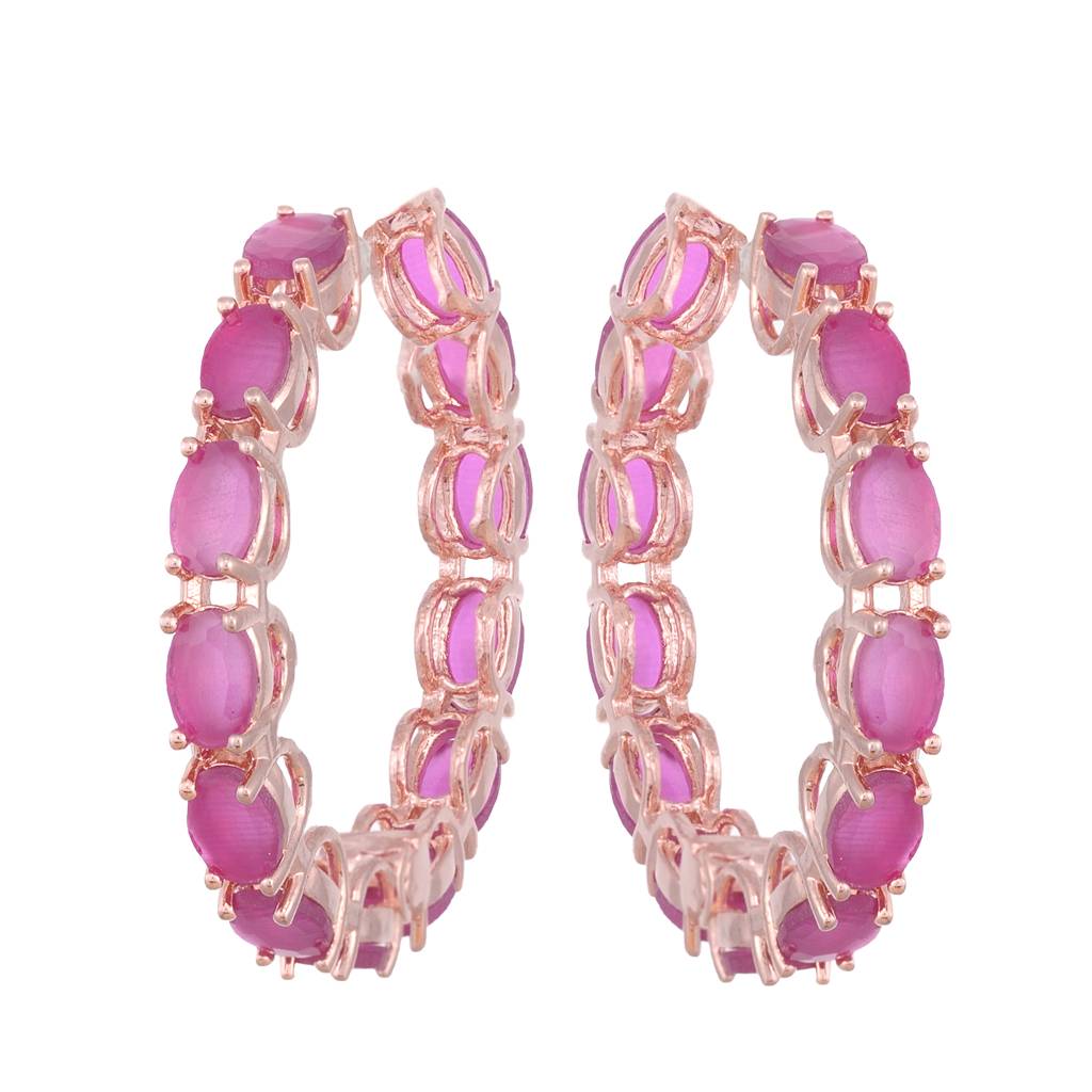 Magenta Studded Hoops Rose Gold Plated Pink Round Big Earrings : SJER1138