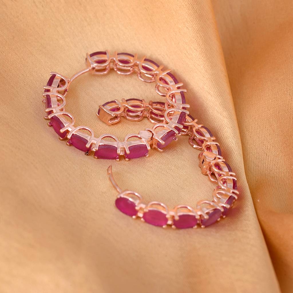 Magenta Studded Hoops Rose Gold Plated Pink Round Big Earrings : SJER1138