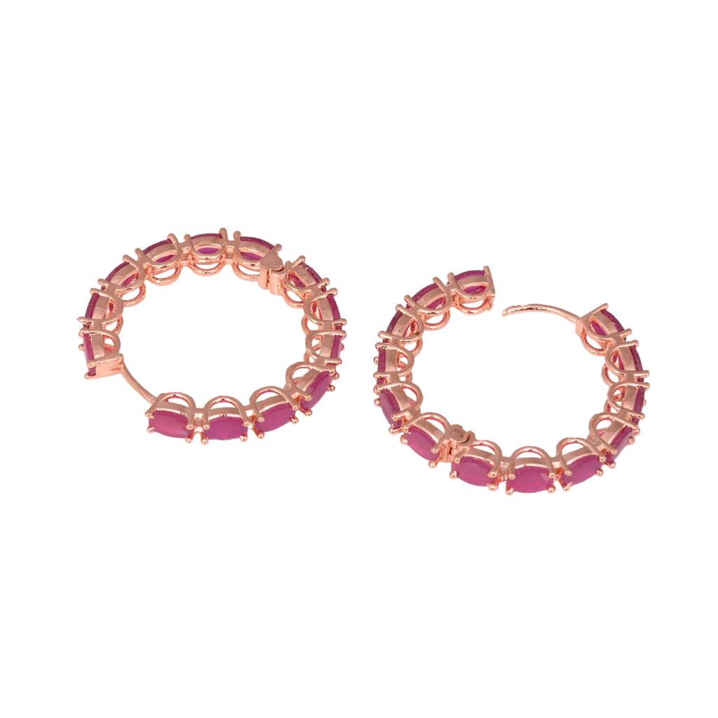 Magenta Studded Hoops Rose Gold Plated Pink Round Big Earrings : SJER1138