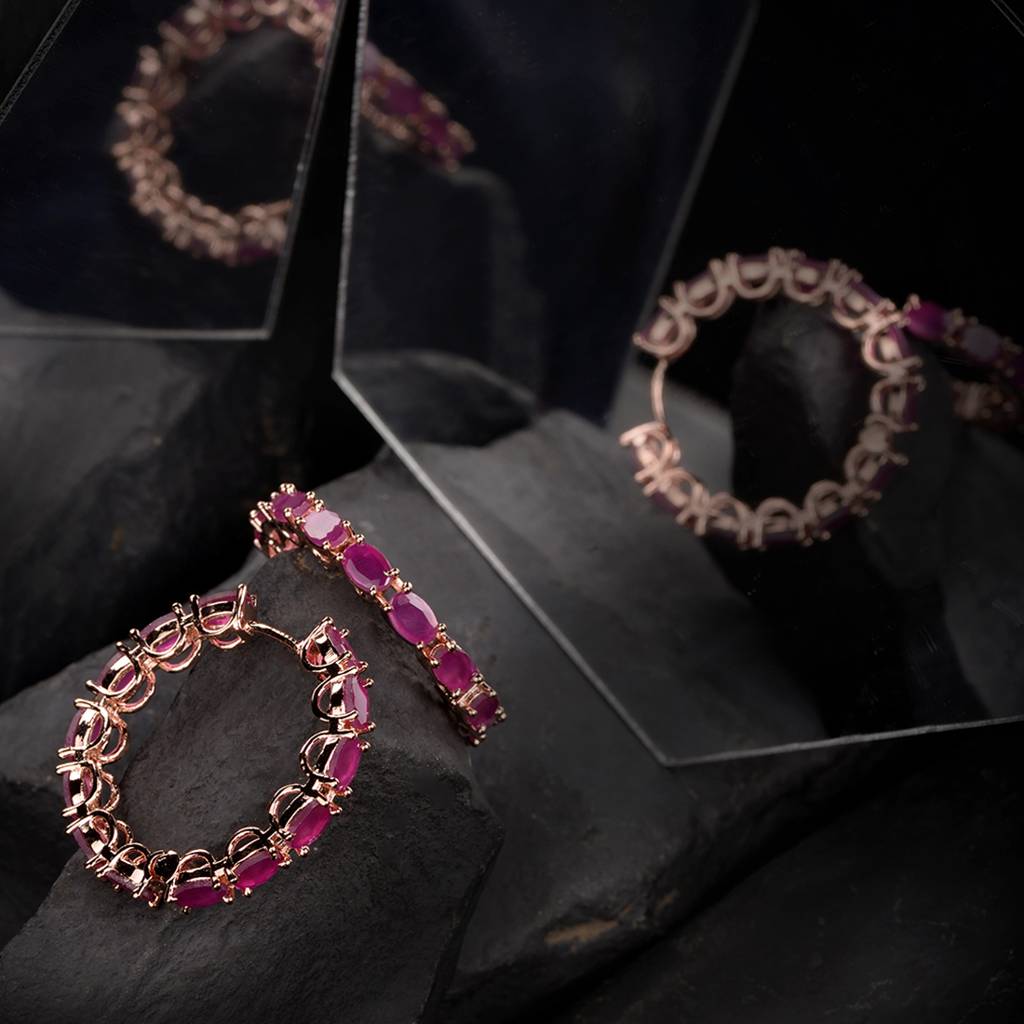 Magenta Studded Hoops Rose Gold Plated Pink Round Big Earrings : SJER1138