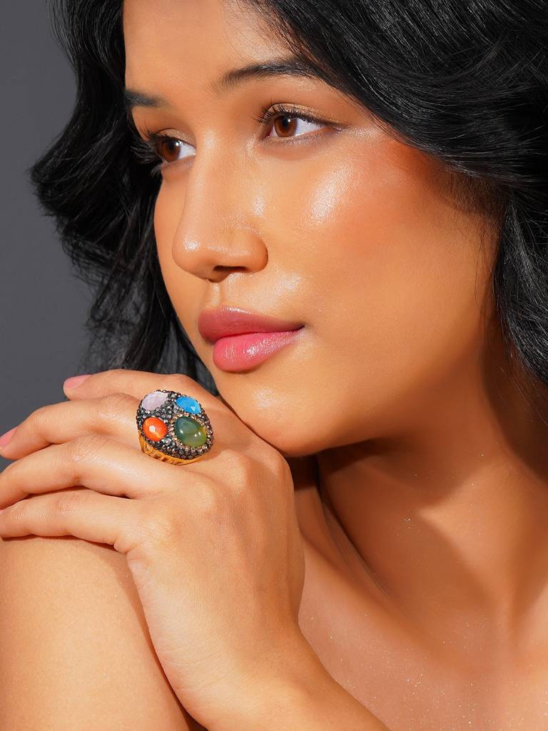 Gold Stainless Steel Multi-Stone Statement Ring : 0070-DR