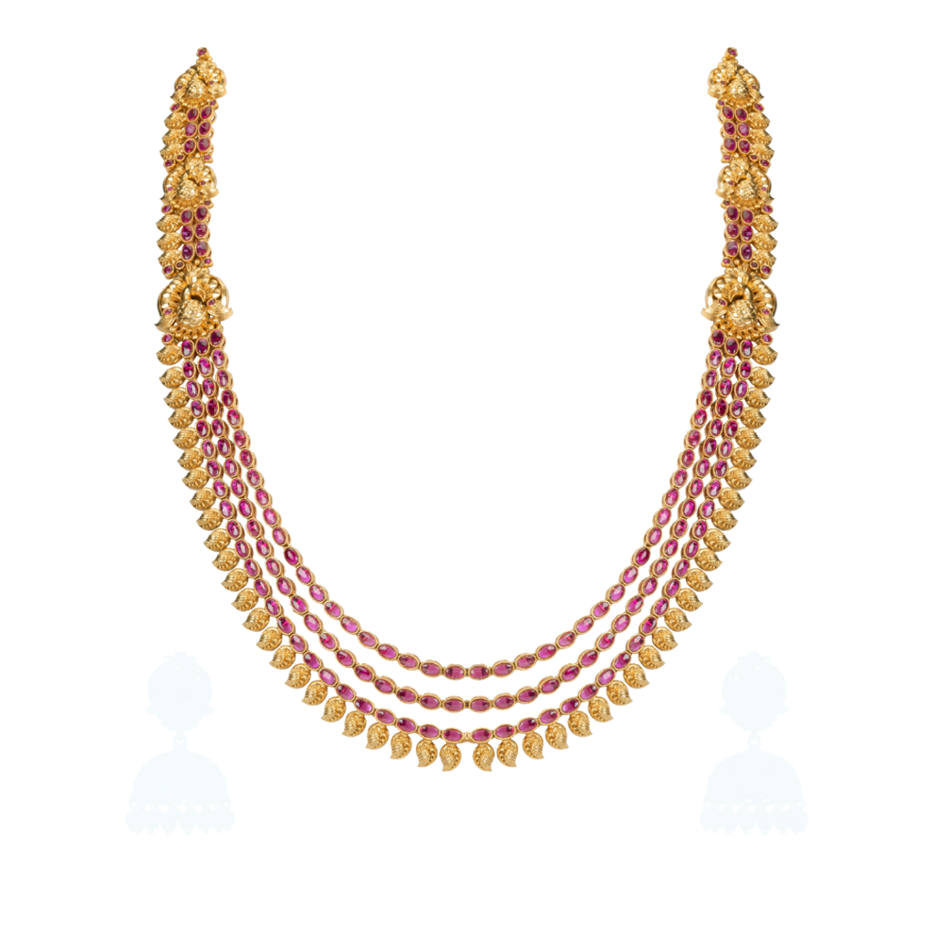 South Indian Temple Jewellery Long Haram Bridal Necklace Set With Ruby Stones : K-608