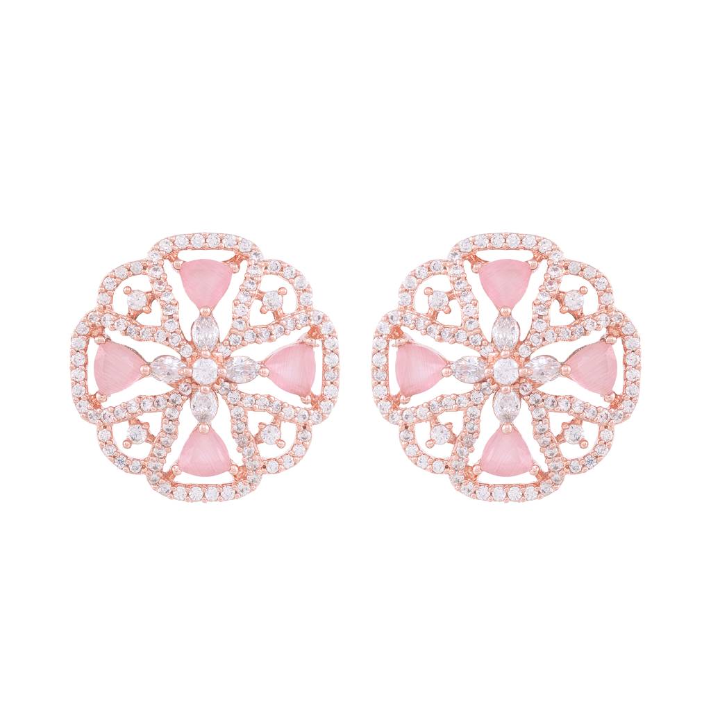 Crown Design Rose Quartz Studs Pastel Pink Tops Ad Encrusted Rose Gold Plated Earrings : SJER1141