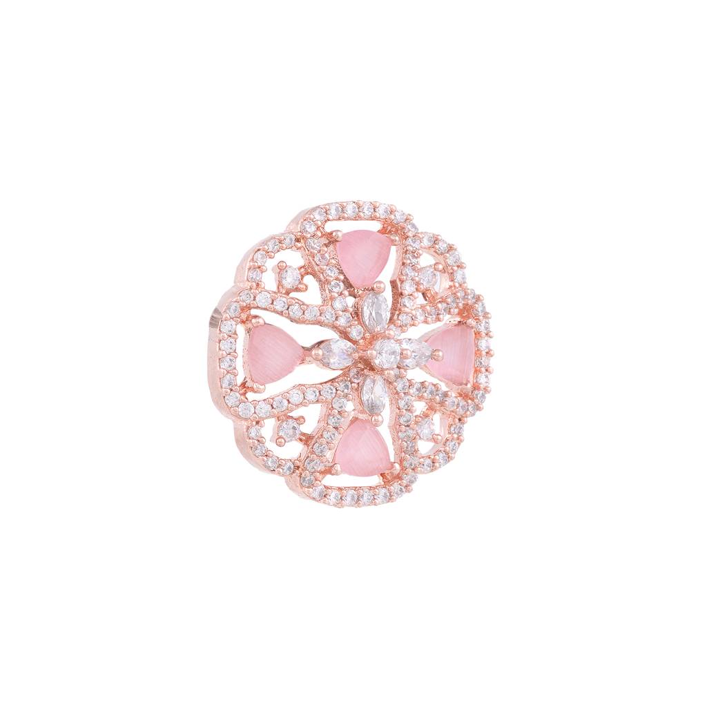 Crown Design Rose Quartz Studs Pastel Pink Tops Ad Encrusted Rose Gold Plated Earrings : SJER1141