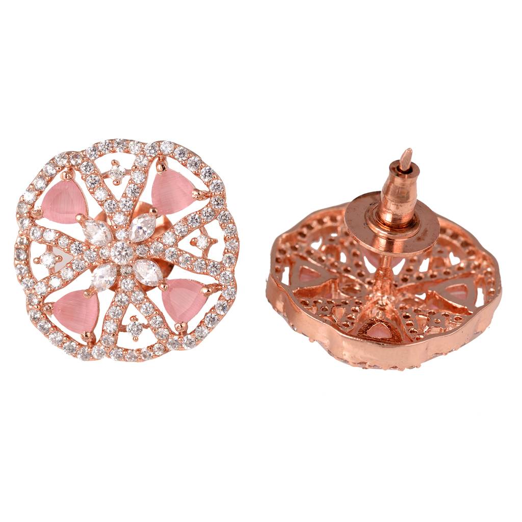 Crown Design Rose Quartz Studs Pastel Pink Tops Ad Encrusted Rose Gold Plated Earrings : SJER1141