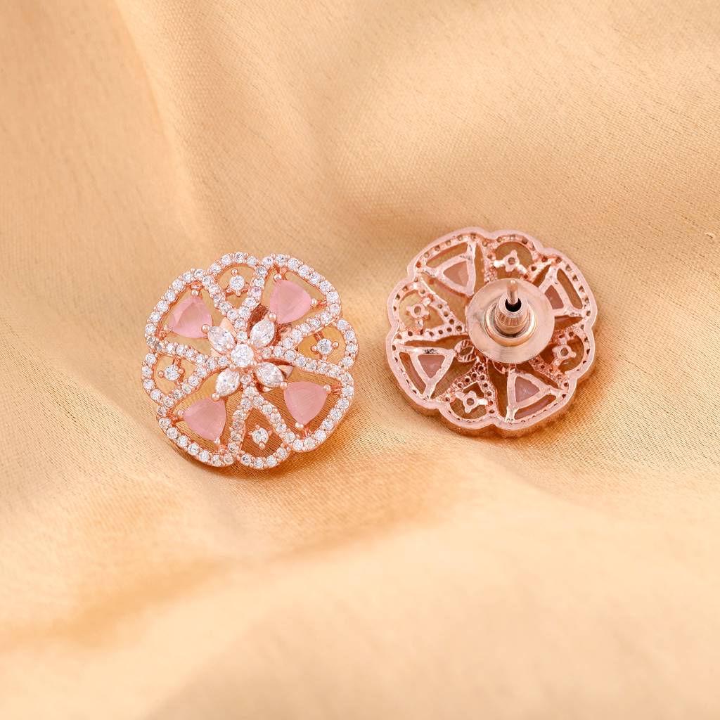 Crown Design Rose Quartz Studs Pastel Pink Tops Ad Encrusted Rose Gold Plated Earrings : SJER1141