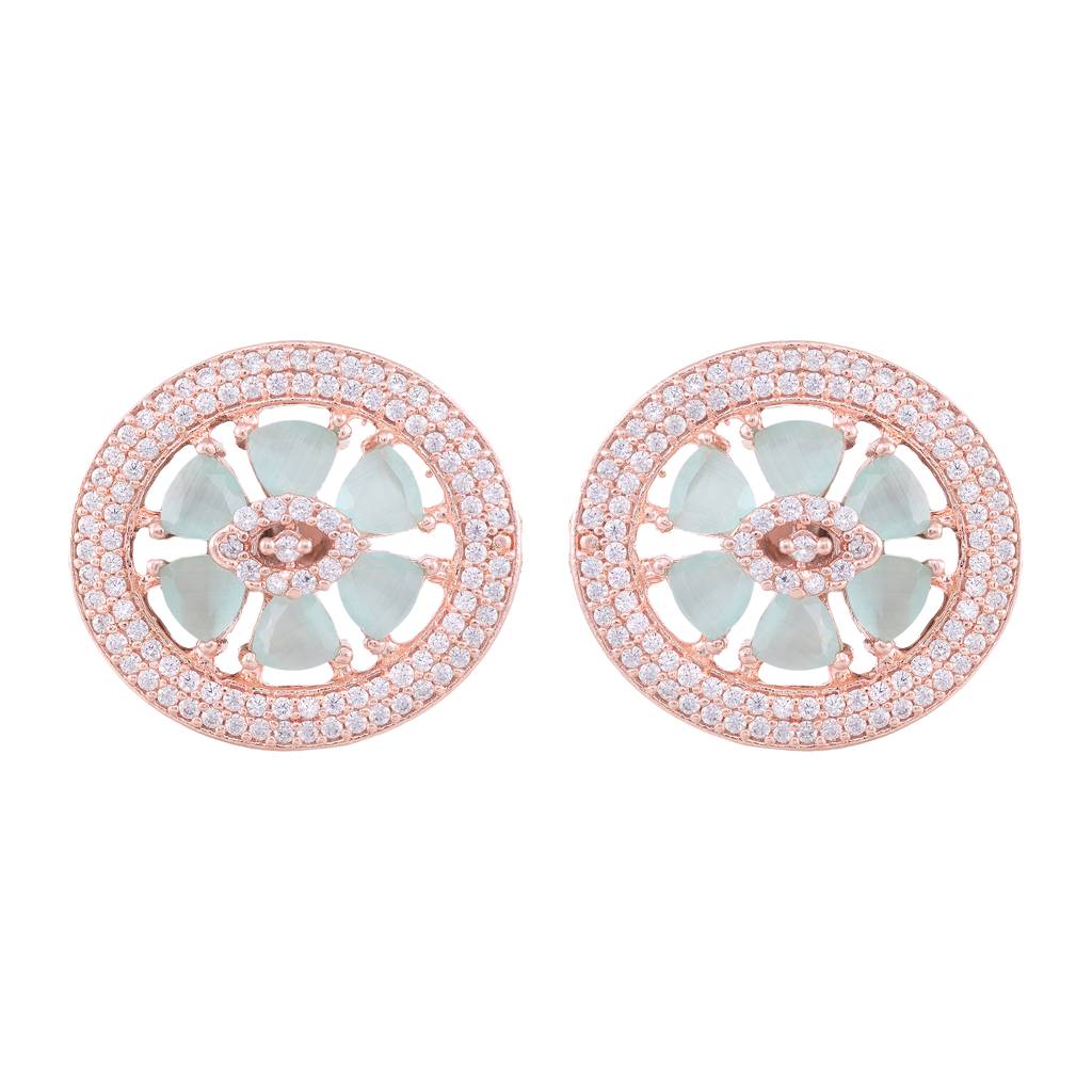 Floral Design Turquoise Studs Light Blue Tops With Ad Rose Gold Plated Small Earrings : SJER1142