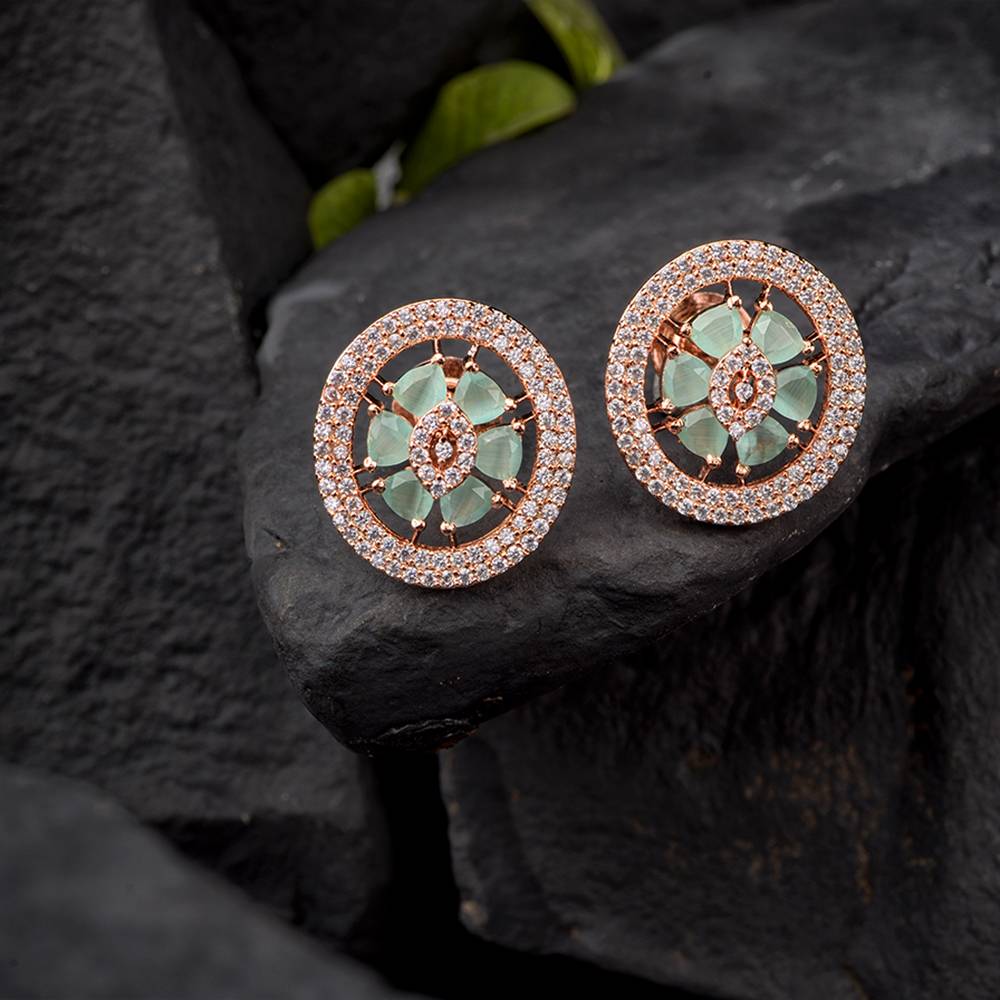 Floral Design Turquoise Studs Light Blue Tops With Ad Rose Gold Plated Small Earrings : SJER1142