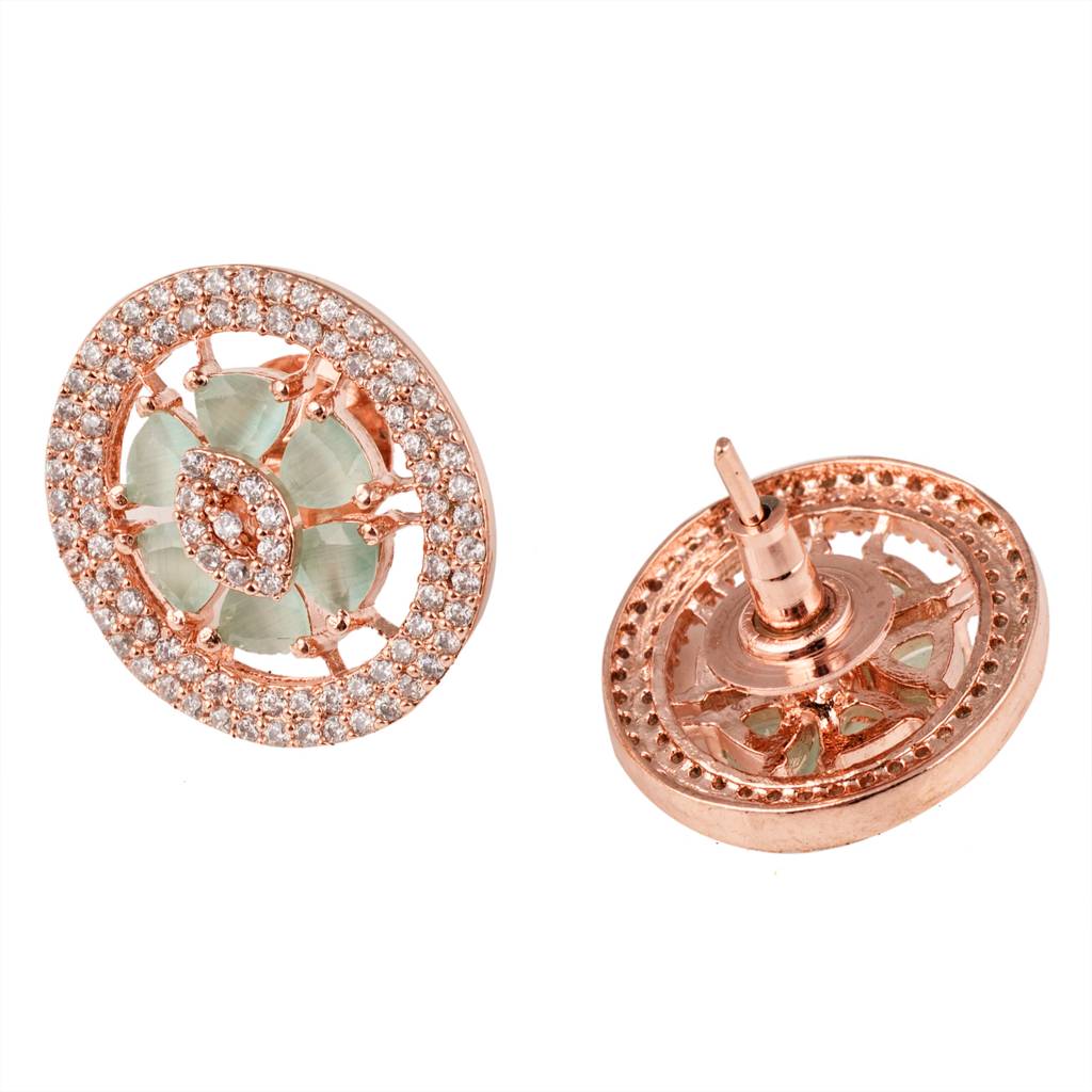 Floral Design Turquoise Studs Light Blue Tops With Ad Rose Gold Plated Small Earrings : SJER1142