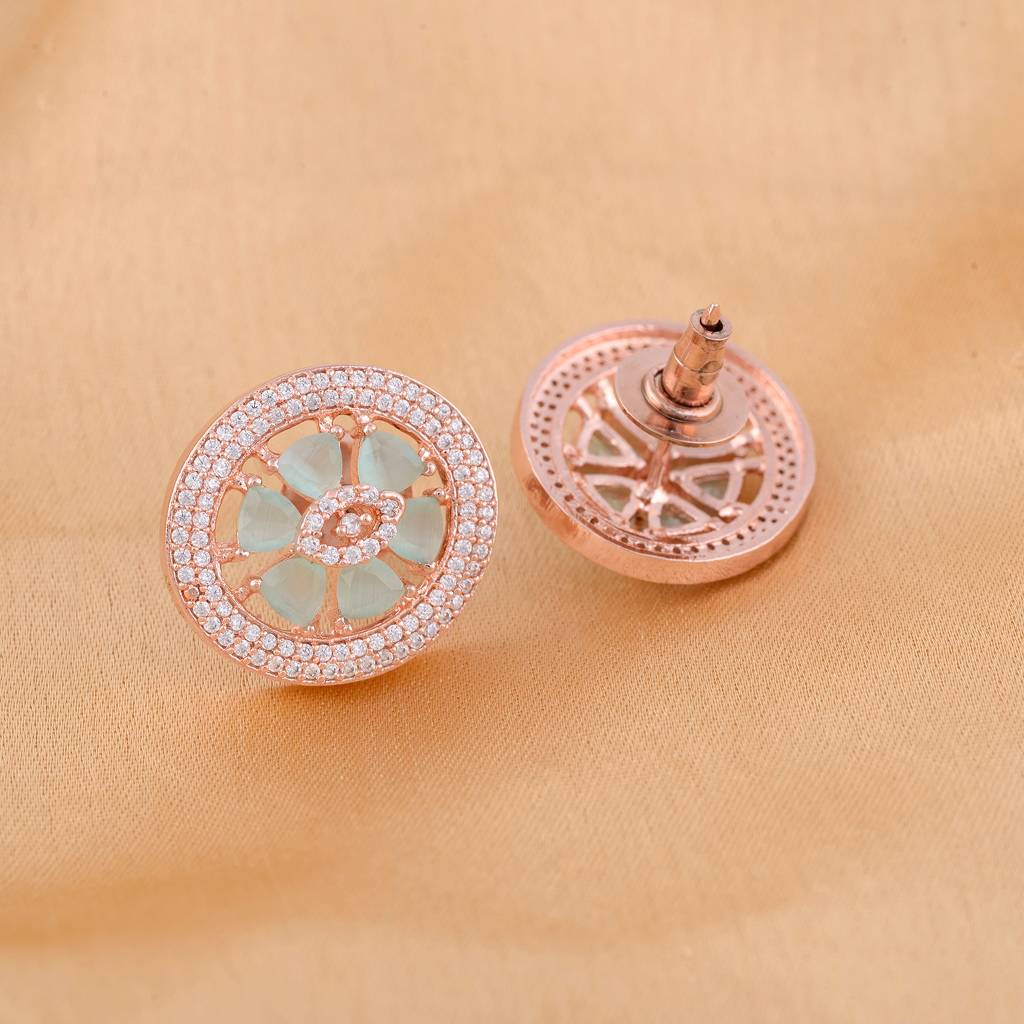 Floral Design Turquoise Studs Light Blue Tops With Ad Rose Gold Plated Small Earrings : SJER1142