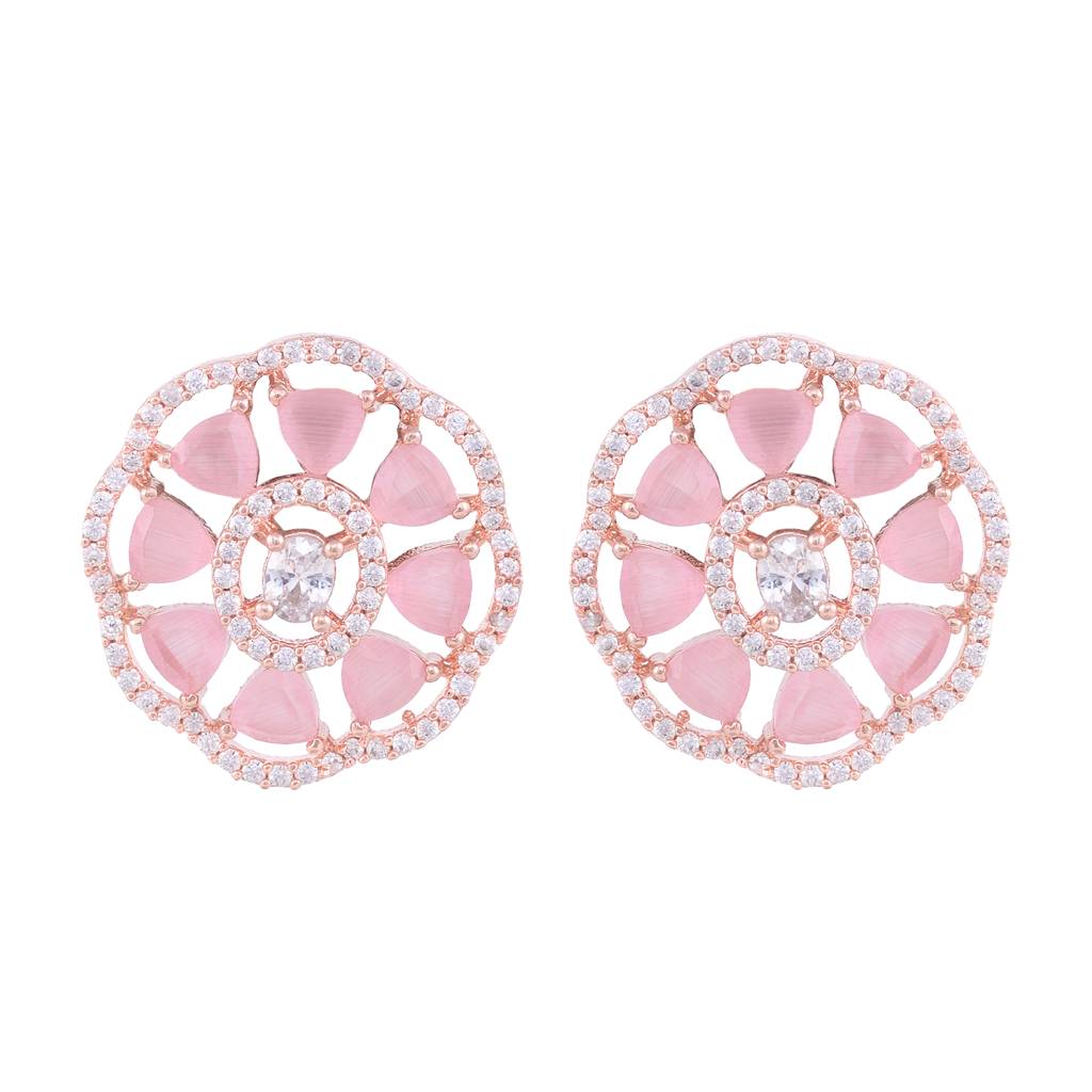 Handcrafted Floral Design Pastel Pink Studs Rose Quartz Small Earrings Rose Gold Plated : SJER1146