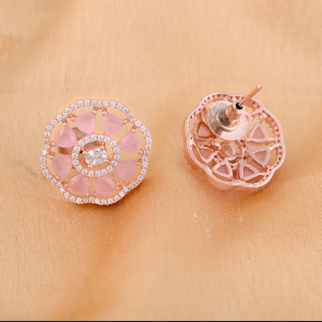 Handcrafted Floral Design Pastel Pink Studs Rose Quartz Small Earrings Rose Gold Plated : SJER1146